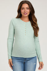 Mint Green Ribbed Knit Button Long Sleeve Maternity Top