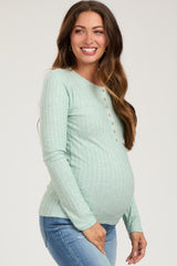 Mint Green Ribbed Knit Button Long Sleeve Maternity Top