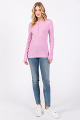 Pink Ribbed Knit Button Long Sleeve Top