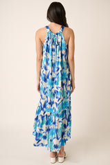 Blue Watercolor Print Satin Midi Dress