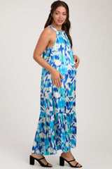 Blue Watercolor Print Satin Maternity Midi Dress