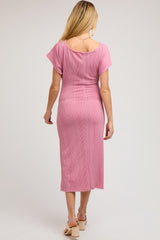 Mauve Ribbed Short Sleeve Gathered Maternity Midi Dress