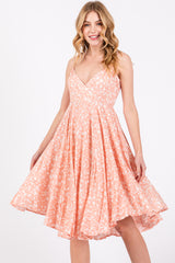 Peach Floral Sleeveless V-Neck Dress