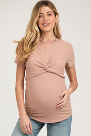 Beige Ribbed Twist Front Maternity Top