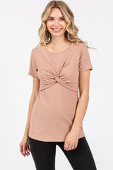 Beige Ribbed Twist Front Maternity Top