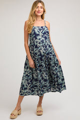 Navy Blue Leaf Print Square Neck Tiered Maternity Midi Dress