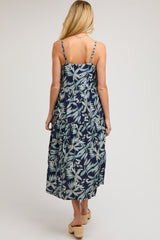 Navy Blue Leaf Print Square Neck Tiered Maternity Midi Dress