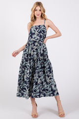 Navy Blue Leaf Print Square Neck Tiered Midi Dress