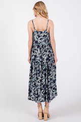 Navy Blue Leaf Print Square Neck Tiered Midi Dress