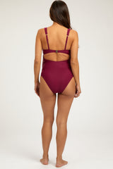 Magenta Twist Front Back Cutout Maternity One Piece Swimsuit