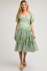 Light Green Floral V-Neck Tiered Maternity Midi Dress