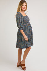 Navy Blue Floral Smocked Maternity Dress