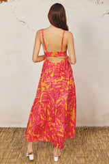 Coral Leaf Print Open Back Midi Dress