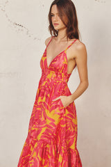 Coral Leaf Print Open Back Midi Dress