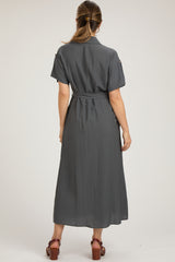 Charcoal Button Front Belted Short Sleeve Maternity Midi Dress