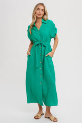 Green Button Front Belted Short Sleeve Maternity Midi Dress