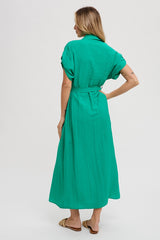 Green Button Front Belted Short Sleeve Midi Dress