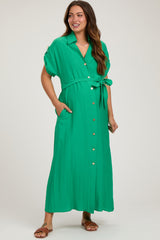 Green Button Front Belted Short Sleeve Maternity Midi Dress