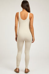 Beige V-Neck Seamless Ribbed Fitted Maternity Jumpsuit