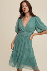 Sage V-Neck Pleated Mesh Cinched Waist Midi Dress