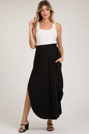 Black Smocked Rounded Hem Maternity Maxi Skirt