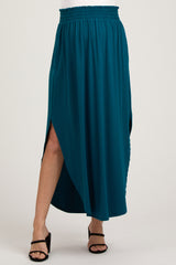 Teal Smocked Rounded Hem Maternity Maxi Skirt