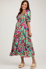 Mint Green Floral Puff Sleeve Maternity Maxi Dress