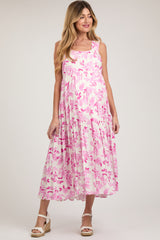 Pink Floral Sleeveless Tiered Maternity Maxi Dress