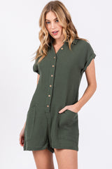 Olive Gauze Button Up Front Pocket Romper