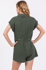 Olive Gauze Button Up Front Pocket Romper