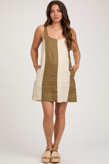 Olive Color Block Linen Sleeveless Maternity Dress