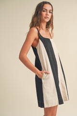 Black Color Block Linen Sleeveless Dress