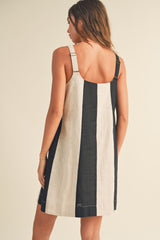 Black Color Block Linen Sleeveless Dress