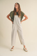 Taupe Striped Linen Maternity Overalls