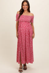 Red Floral Smocked Fitted Sleeve Side Slit Maternity Maxi Dress