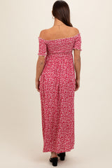 Red Floral Smocked Fitted Sleeve Side Slit Maternity Maxi Dress