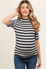 Black Striped Ribbed Mock Neck Maternity Top