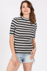 Black Striped Ribbed Mock Neck Maternity Top