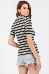 Black Striped Ribbed Mock Neck Top