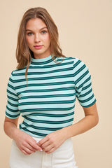 Mint Striped Ribbed Mock Neck Top