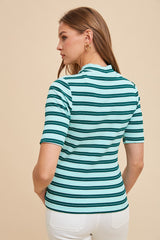 Mint Striped Ribbed Mock Neck Top