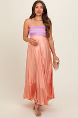 Peach Colorblock Sleeveless Satin Maternity Dress