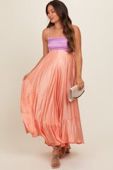 Peach Colorblock Sleeveless Satin Maternity Dress