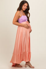 Peach Colorblock Sleeveless Satin Maternity Dress