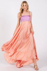 Peach Colorblock Sleeveless Satin Maternity Dress