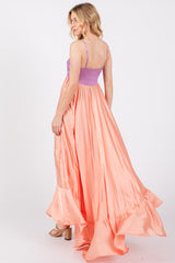 Peach Colorblock Sleeveless Satin Dress