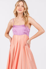 Peach Colorblock Sleeveless Satin Dress