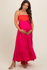 Fuchsia Colorblock Sleeveless Satin Maternity Dress