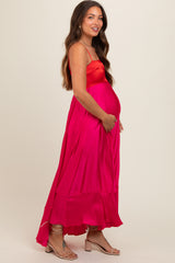 Fuchsia Colorblock Sleeveless Satin Maternity Dress