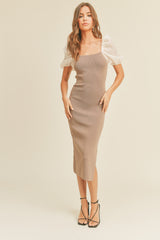 Mocha Rib Knit Contrast Puff Sleeve Maternity Midi Dress